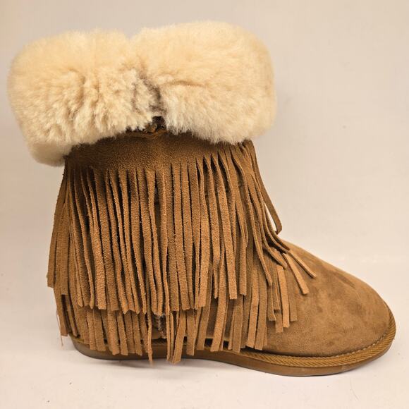 RJ's Fuzzies Suede Shearling Golden Tan Foldover-Top Fringed Cozy Boots, Size 10 - Picture 3 of 13